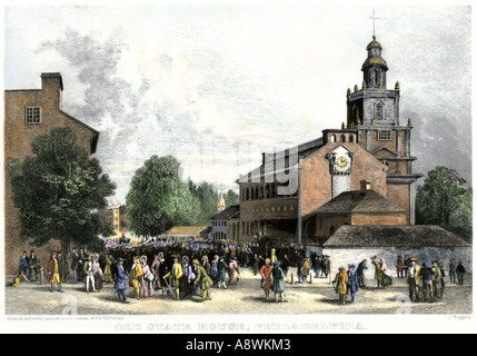Old State House later called Independence Hall in Philadelphia 1700s. Hand-colored steel engraving Stock Photo