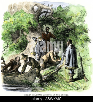 Landing of Roger Williams at Providence Rhode Island 1636. Hand-colored ...