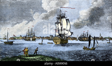 Port of Charleston South Carolina before the American Revolution late 1700s. Hand-colored woodcut Stock Photo