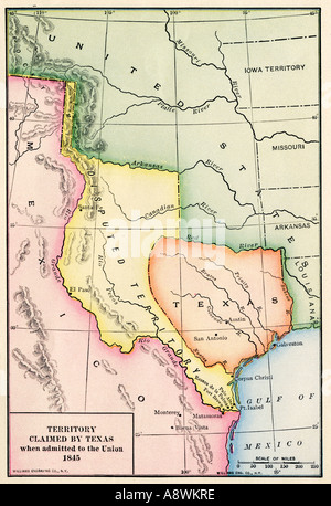 Map of the territory claimed by the Republic of Texas when admitted to the US in 1845. Color lithograph Map of the territory claimed by the Republic of Texas when admitted to the US in 1845. Color lithograph