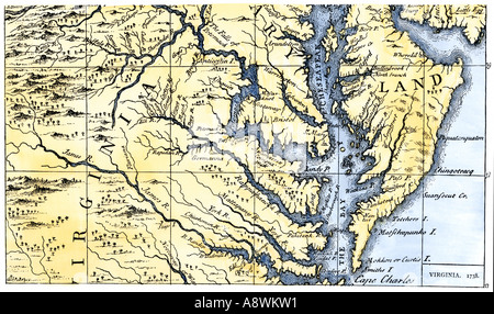 Map of Virginia and Maryland colonies settled in 1738. Hand-colored woodcut Stock Photo