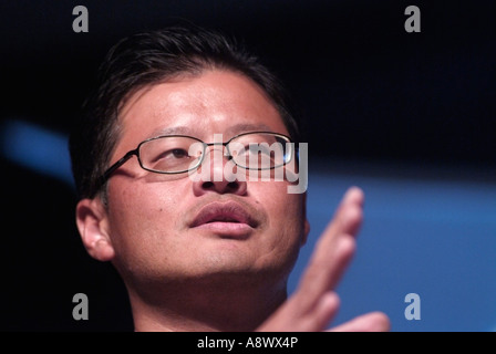 Jerry Yang Co-Founder and Chief Executive Officer of Yahoo! Inc. during a speech in Silicon Valley CA  Photo by Chuck Nacke Stock Photo