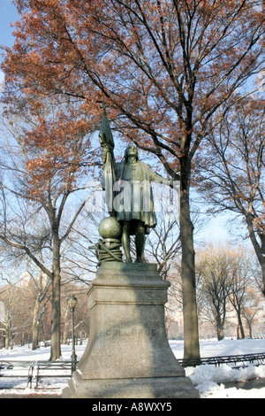 Christopher Columbus statue. Central Park. New York. USA. Winter. Snow. Stock Photo