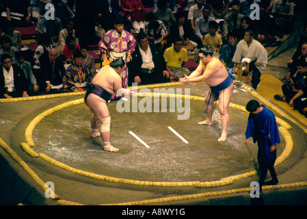 A Sumo wrestling bout about to begin at the Ryogoku Sumo Arena during the Sumo tournament Tokyo, Japan Stock Photo