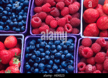 boxed ripe strawberries blueberries and raspberries berries fruit Stock Photo
