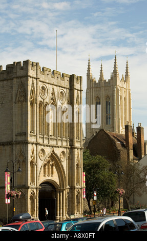 The Abbey Gate, left, and St Edmundsbury Cathedral tower viewed from Angel Hill, Bury St Edmunds. Tower was opened by Prince Charles Stock Photo