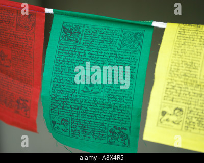 buddhist Tibetian peace flags hanging up underneath Stock Photo