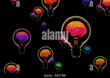 MANY HUMAN BRAINS INSIDE GLASS ELECTRIC LIGHT BULBS FLOATING ON BLACK BACKGROUND Stock Photo