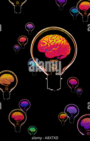 MANY HUMAN BRAINS INSIDE GLASS ELECTRIC LIGHT BULBS FLOATING ON BLACK BACKGROUND Stock Photo