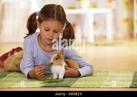 Girl feeding a Pygmy Rabbit with Dandelion leaves while lying on a rug Stock Photo