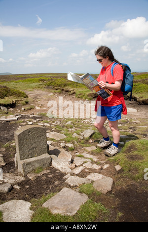 Woman hiker reading a map at the Llanthony route marker stone on Offa's Dyke long distance footpath Black Mountains Wales UK Stock Photo