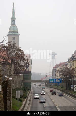 A grey day in Bratislava Slovakia with St Martins Cathedral and Novy most Stock Photo