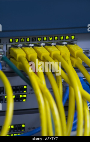 Computer network cables plugged in a hub Stock Photo