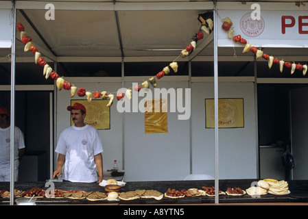 sausages and hamburgers for sale in Guca during the Traditional Music Festival Serbia Stock Photo