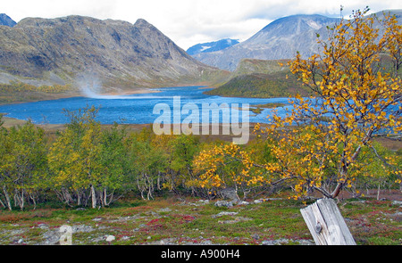 Wind playing over a lake in Jotunheimen during the turning of the seasons / Indian summer, Jotunheimen, Norway Stock Photo