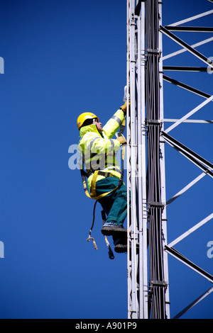 Rigger working on mobile phone antennas on steel lattice tower Stock Photo