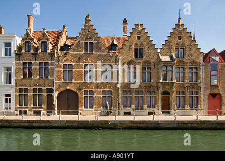 Horizontal wide angle of the traditional canalside gabled houses on Sint-Annarei Stock Photo