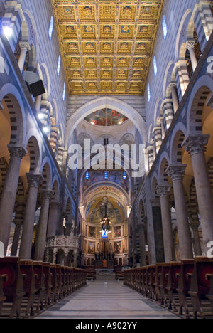 Vertical wide angle interior view down the aisle inside the Duomo cathedral at the Campo dei Miracoli in Pisa. Stock Photo