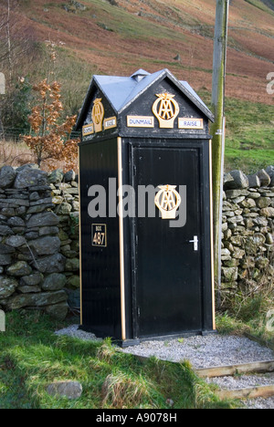 Dunmail Raise near Grasmere Lake District national park AA Automobile Association roadside phone box 487 beside A591 route Stock Photo