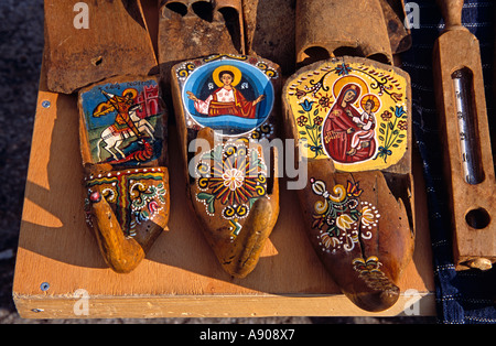Painted antique Balamarkas, farming implements for sale on stall, Arbanassi, Bulgaria Stock Photo