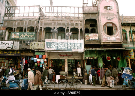 Pakistan NWFP Peshawar Qissa Khawani Bazaar pavement and shop fronts Stock Photo