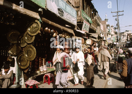 Pakistan NWFP Peshawar Qissa Khawani Bazaar brass and copper goods shops Stock Photo