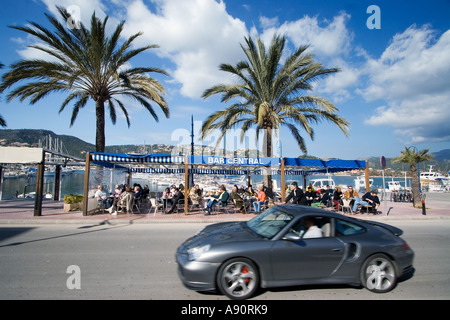 Mallorca Poirt d Andratx Cafe palm trees Porsche Stock Photo