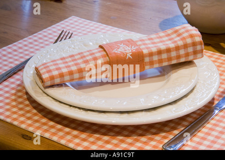 Chequered pink and white table setting Stock Photo