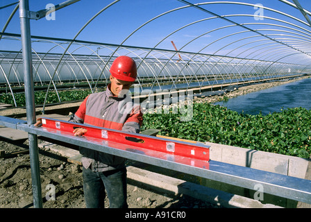 Construction worker using a level at a fish hatchery in Caldwell, Idaho. Stock Photo