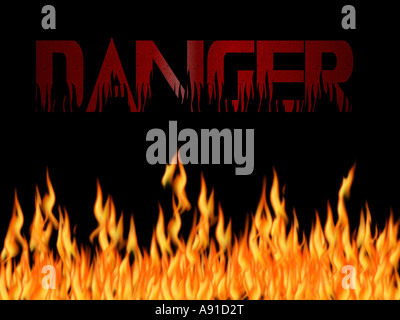 The word danger written in flame text with a black background and flames at the bottom Stock Photo