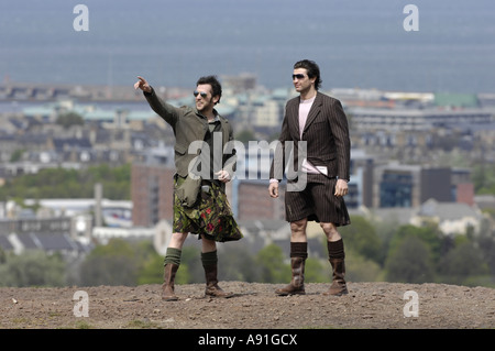 L-R Howie Nicholsby and model Chris wearing a Howie Nicholsby kilts from 21st Century Kilts (TFCK) is a range of contemporary Stock Photo