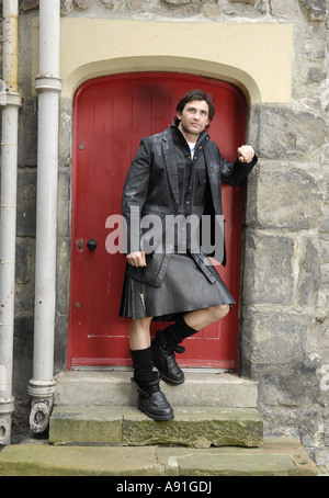 model wearing a Howie Nicholsby kilt from 21st Century Kilts (TFCK) is a range of contemporary kilts both manufactured and hand Stock Photo