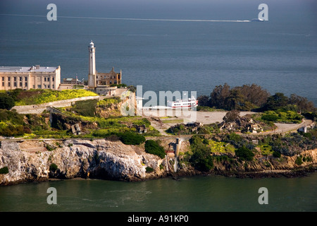 Aerial view of Alcatraz Island in the San Francisco bay, California. Stock Photo