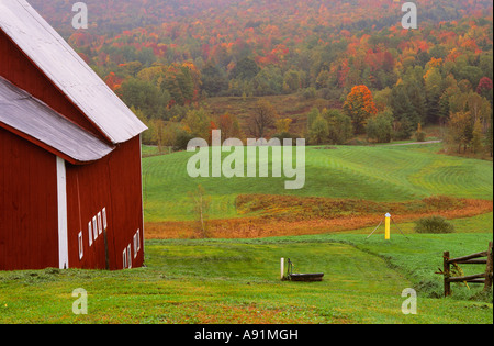 Red Barn and pasture in Fall near Woodstock, Vermont, USA Stock Photo