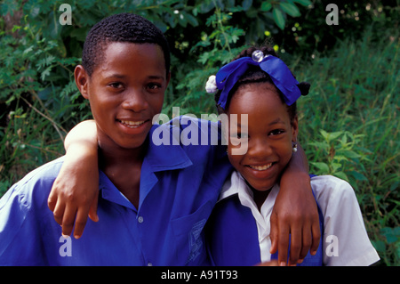 Caribbean, BWI, St. Lucia, School children along the Piton Natural Trail. Stock Photo