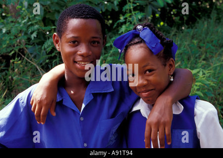 Caribbean, BWI, St. Lucia, School children along the Piton Natural Trail. Stock Photo