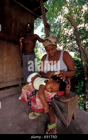 Caribbean, BWI, St. Lucia, Family on the road to Canaries. Stock Photo