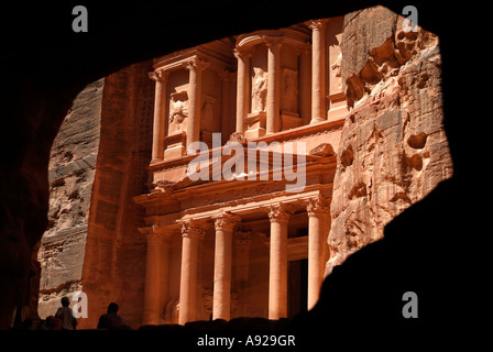 View of the Treasury from inside cave at Petra in Jordan Stock Photo