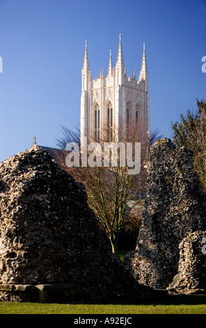 Lantern tower of St Edmundsbury Cathedral with the ruins of the Norman Abbey in the foreground Bury St Edmunds Suffolk UK Stock Photo