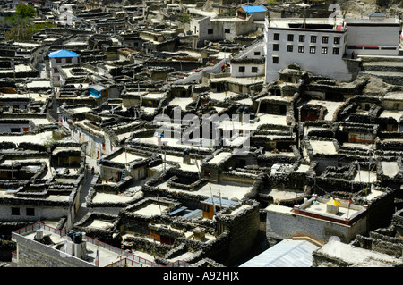 View of the flat-roofed houses and monastery Solmi Gompa of Marpha Annapurna Region Nepal Stock Photo