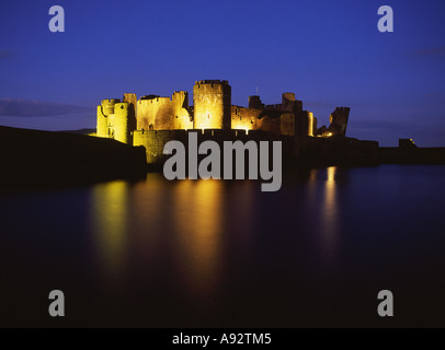 Caerphilly Castle View across moat from west at night South Wales UK Stock Photo