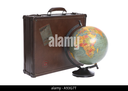 Vintage Globe and suitcase cut out on white background Stock Photo