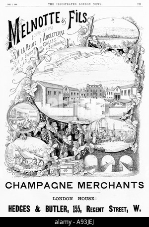 Melnotte Fils Victorian English magazine advert for the merchants showing scenes of champagne production Stock Photo