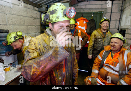 Coal miners drink tea in their cabin at the newly re opened Unity Mine Cwmgwrach near Neath Wales UK GB EU Stock Photo