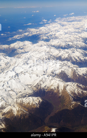 Aerial view of the Pyrenees Mountains in spring from a passenger aeroplane, Andorra. Stock Photo