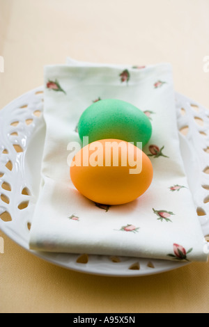 Easter eggs on porcelain plate Stock Photo