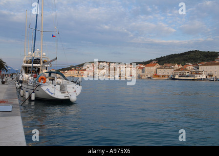 Yacht on the Trogir Waterfront, Croatia Stock Photo
