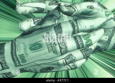 computer generated 3D hands shaking covered with 100 bills Stock Photo
