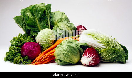 Agriculture - Mixed vegetables Iceberg Romaine Green Leaf lettuces red and green cabbage carrots Napa cabbage radicchio / USA. Stock Photo