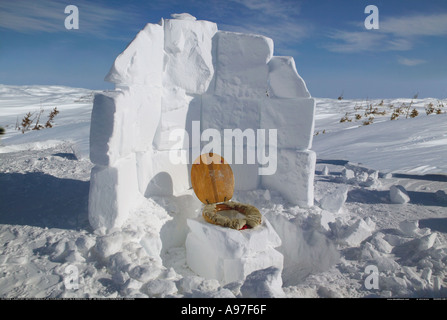 Open air toilet built from blocks of snow and with fur lined seat Stock Photo